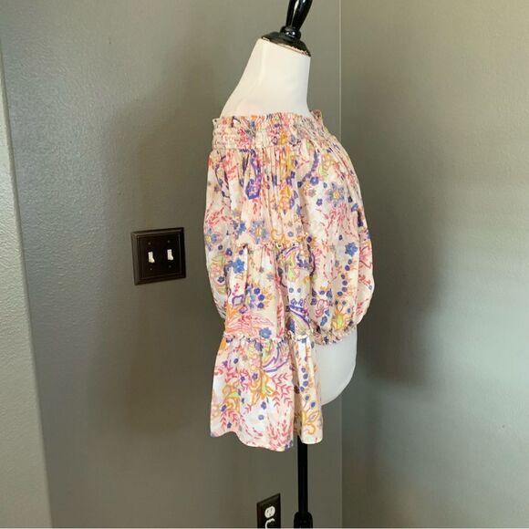 Free People Boho Off Shoulder Bell Sleeve Smocked Floral Blouse - Picture 8 of 14